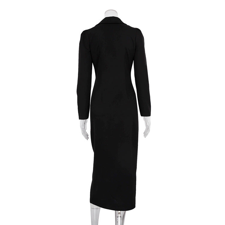 Women's Fashion Turndown Collar Zipper Long Sleeve Black Dress 10
