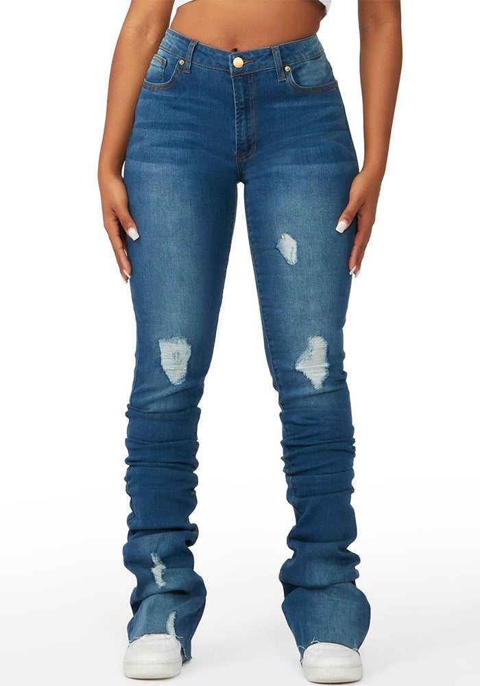 High-Waisted Women's Denim Bell Bottom Pants Trendy Slim Fit Ripped Women's Jeans 6