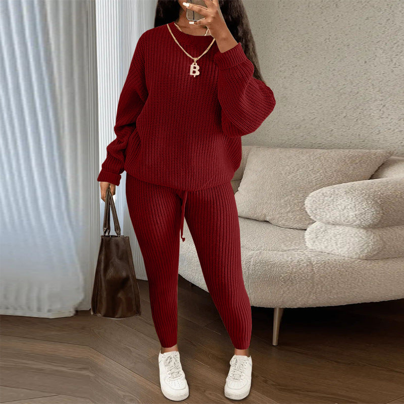 Fashion Casual Knitting Two Piece Pants Set Solid Long Sleeve Loose Sweater Trouser Suits Women's Clothing 6