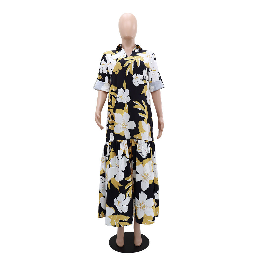 Women Printed Turndown Collar V Neck Patchwork Long Dress 5