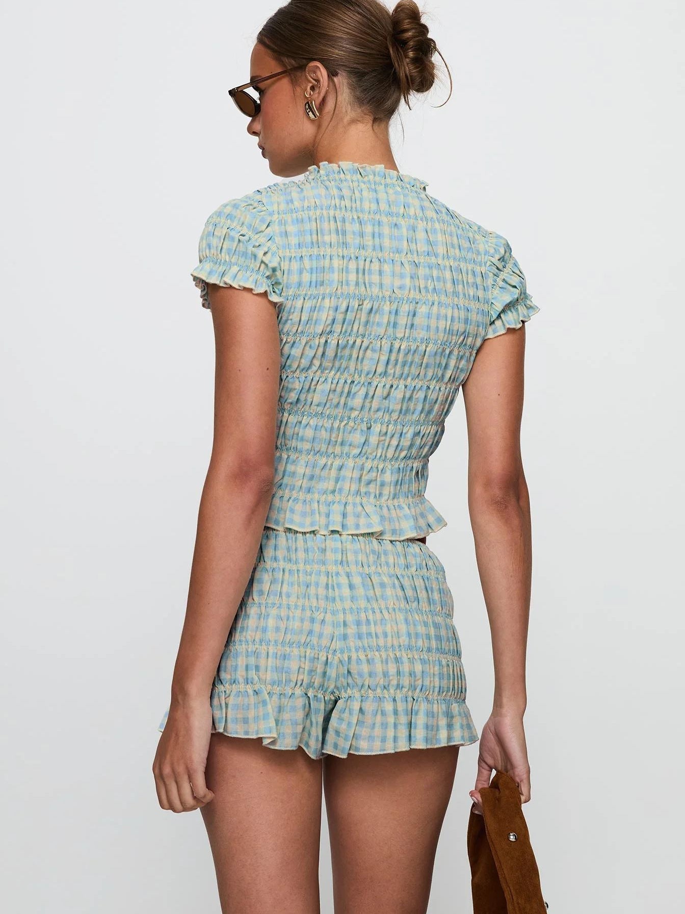 Spring Women's Fashion Plaid Short Sleeve Crop Top Mini Shorts Set 3