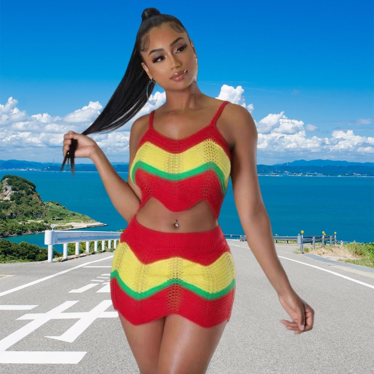 Women Holiday Multi-Color Knitting halter top and skirt with wavy pattern and hollowed-out lace. 5