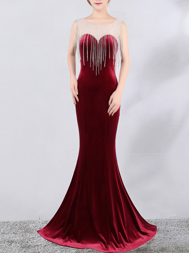 diamond chain velvet evening dress Formal Party long slim and elegant mermaid Prom Dress 5