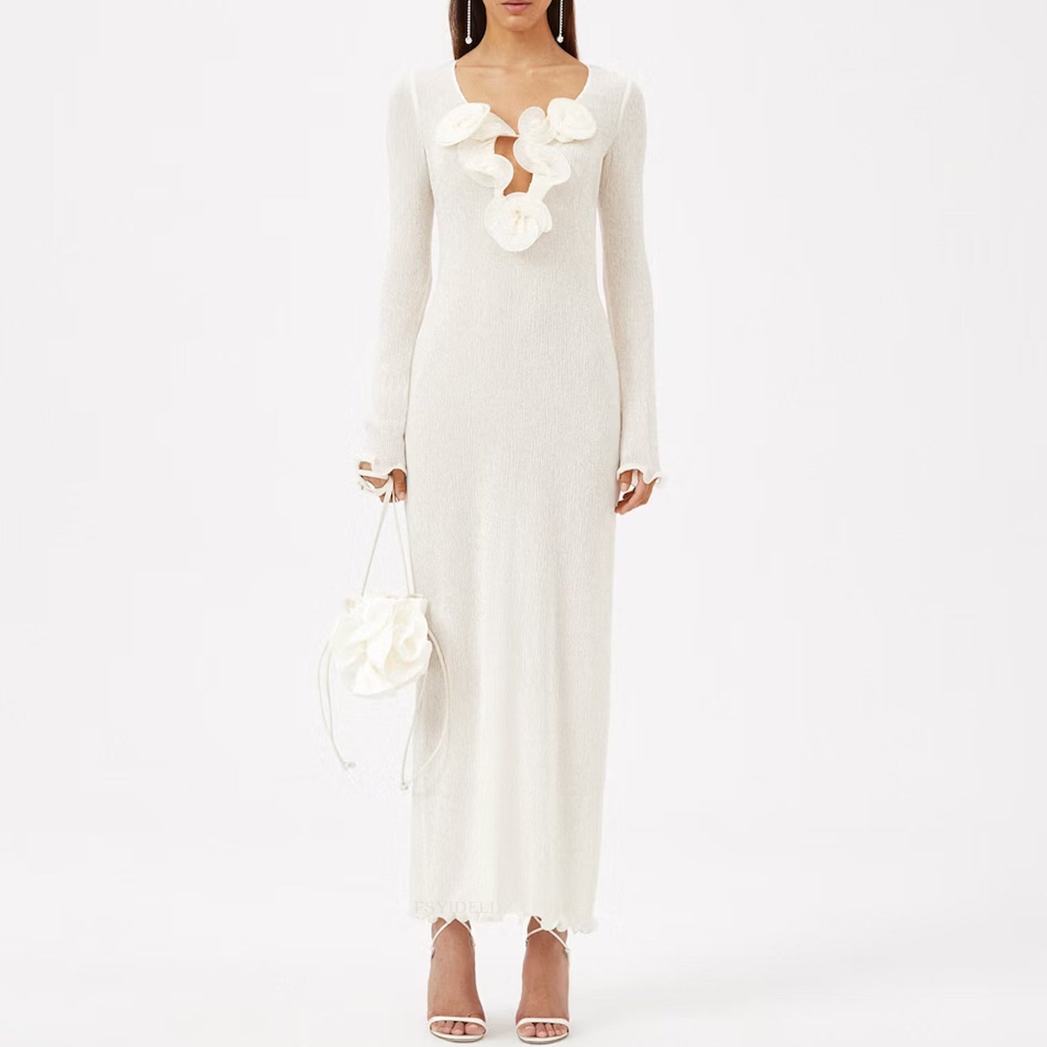 Women Flower Decoration V-Neck Long Sleeve Solid Color Slit Long Dress 4