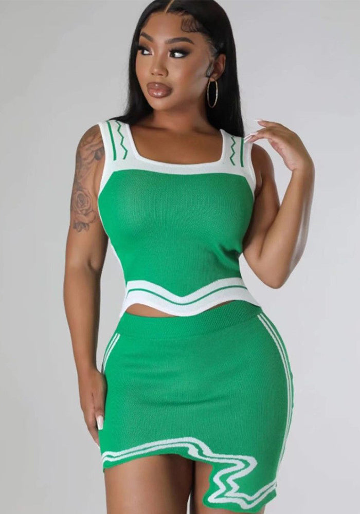 Women Knitting Striped Vest Wave Edge Hem Square Neck Irregular Sleeveless Top and Skirt Two-piece Set