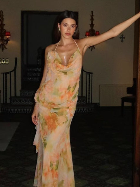 Women Spring Summer Sexy Print Halter Neck Lace-up Mesh V Neck Dress 4