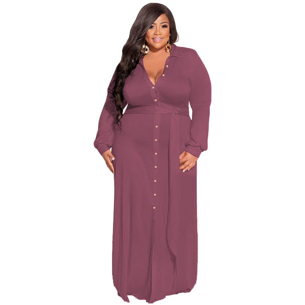 Plus Size Women Solid Tie Long Sleeve Shirt Dress 8
