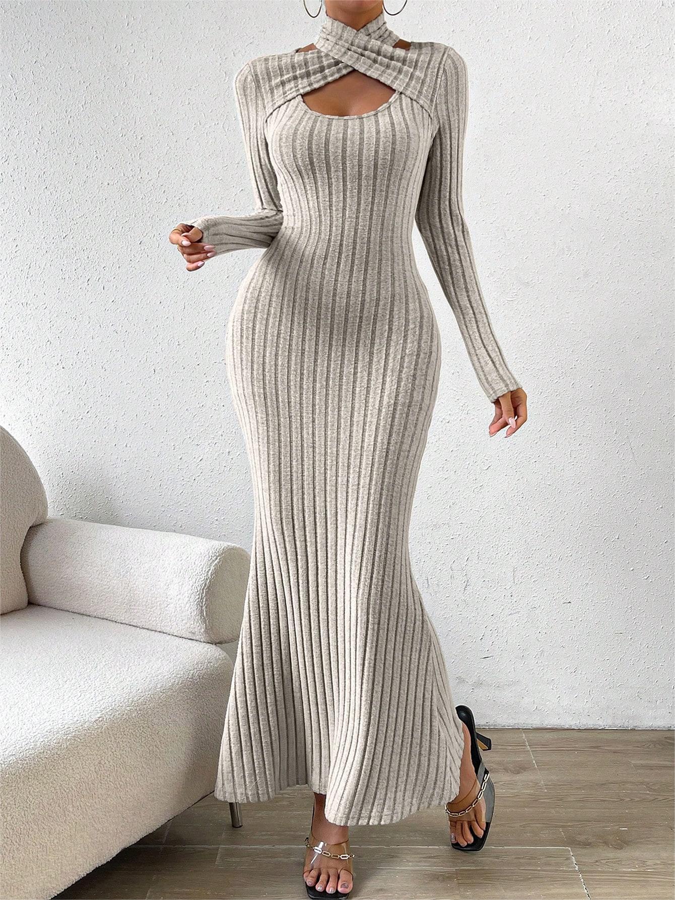 Elegant Solid Color Hollow Long Sleeve Fishtail Long Dress 3