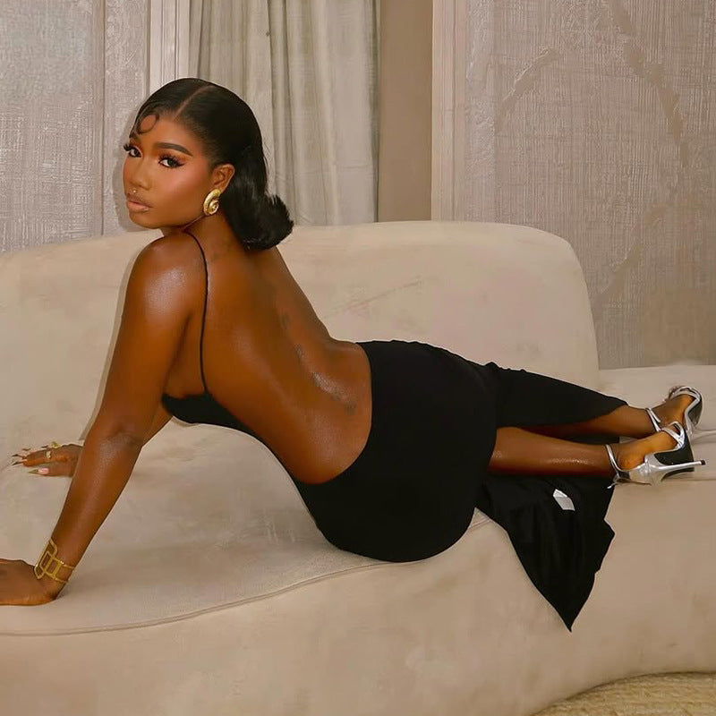 Women's Solid Chic Low Waist Halter Neck Sleeveless Long Dress 3