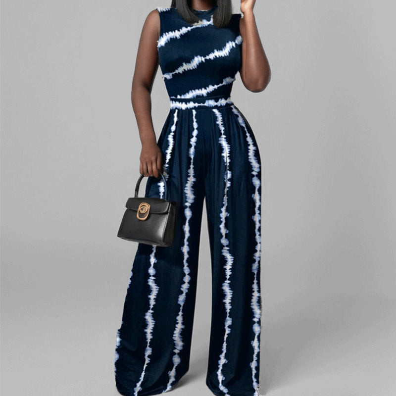 Fashion Print Women Chic Casual Slim Sleeveless Wide Leg Jumpsuit