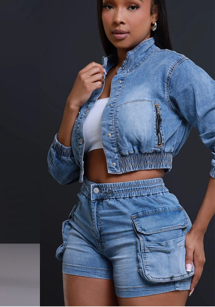 Summer elastic Denim slim fashion long sleeve two piece shorts set 3