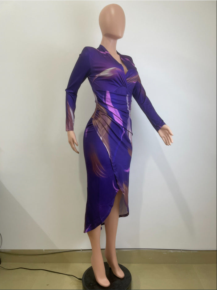 Autumn And Winter Women 's V-Neck Fashion Printed Slim Long-Sleeved Bodycon Dress 10