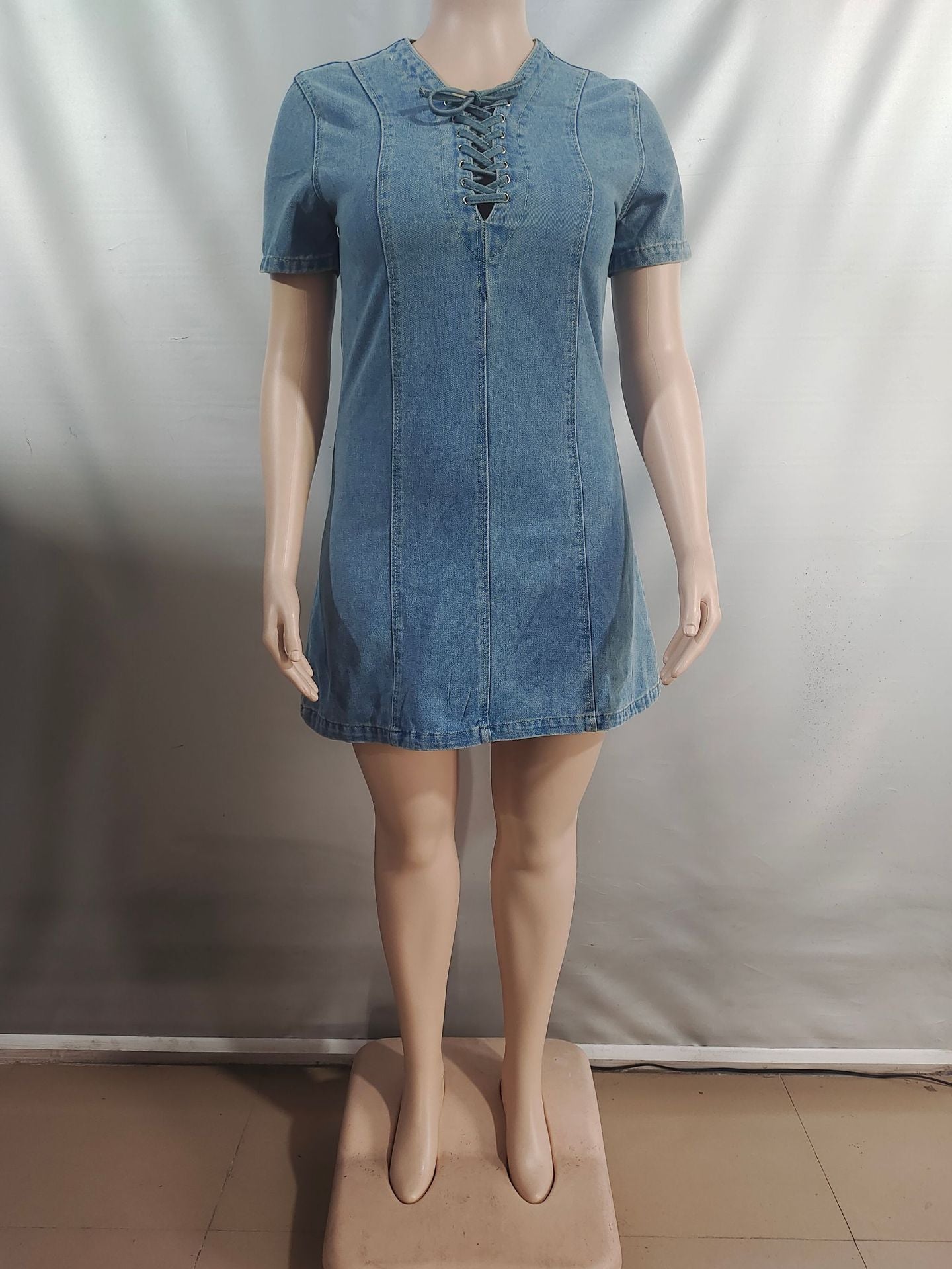 Women's Summer Street Fashion Lace-up Short-Sleeved Denim Dress 8