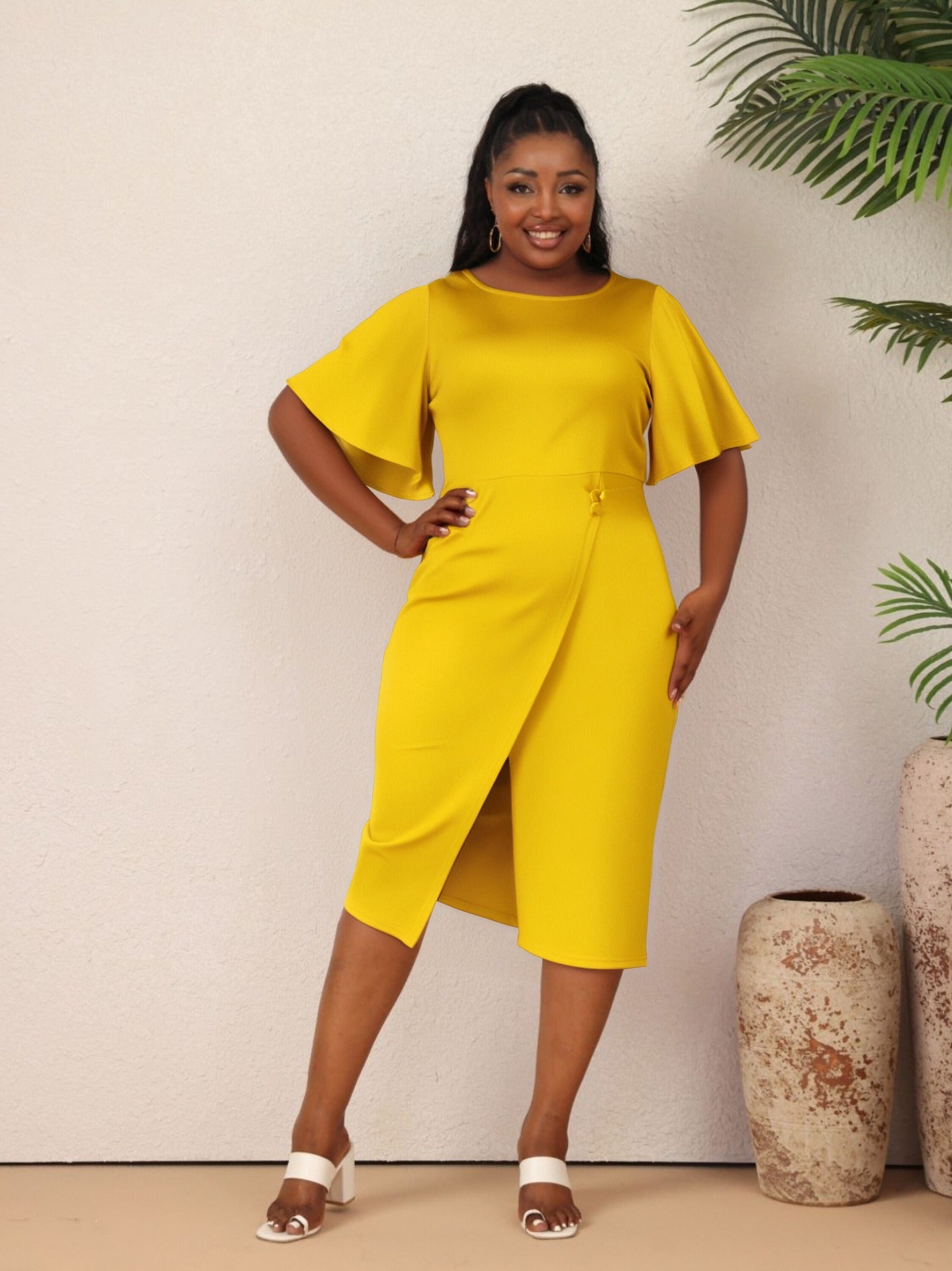 Women Summer Solid Career Ruffle Sleeve Dress 17