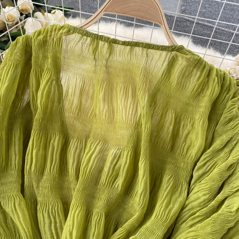 Pleated Puff Sleeves Slim Short Fashionable Chiffon Shirt Tops 45