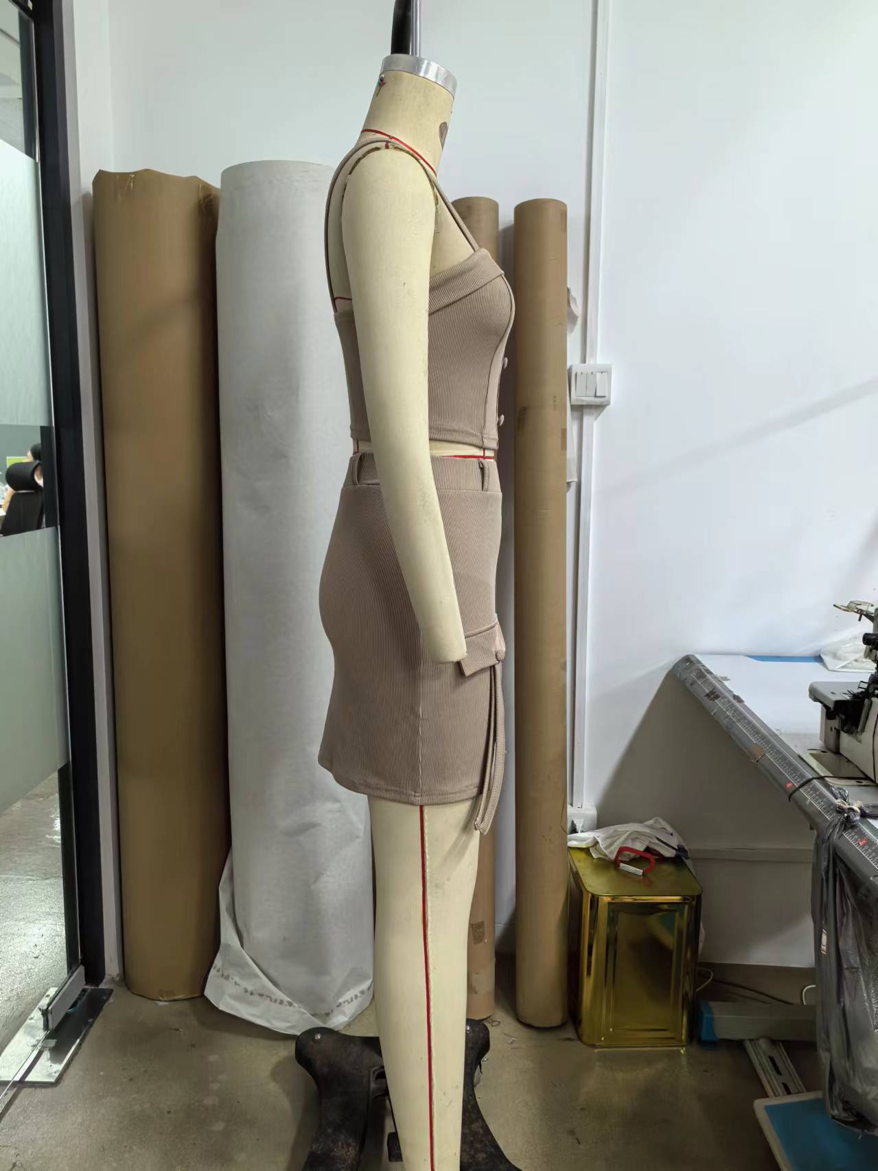 Women's Summer Autumn Button Square Neck Camisole Top Tight Slim Short Skirt Two Piece Set 9