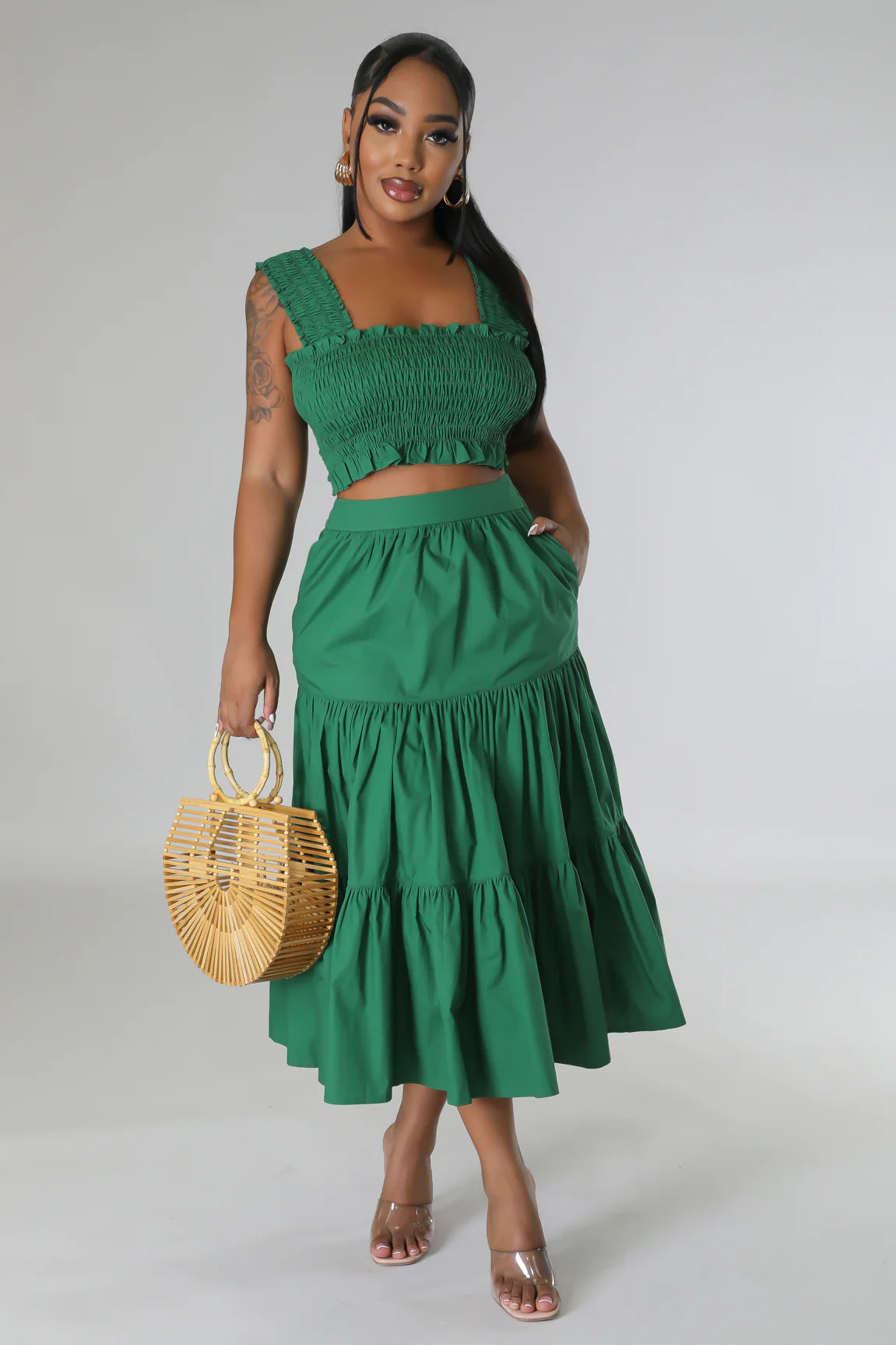 Summer Sexy Suspenders Two-piece Pleated Strapless Top High Waist Trendy Sexy Swing Skirt Set 9