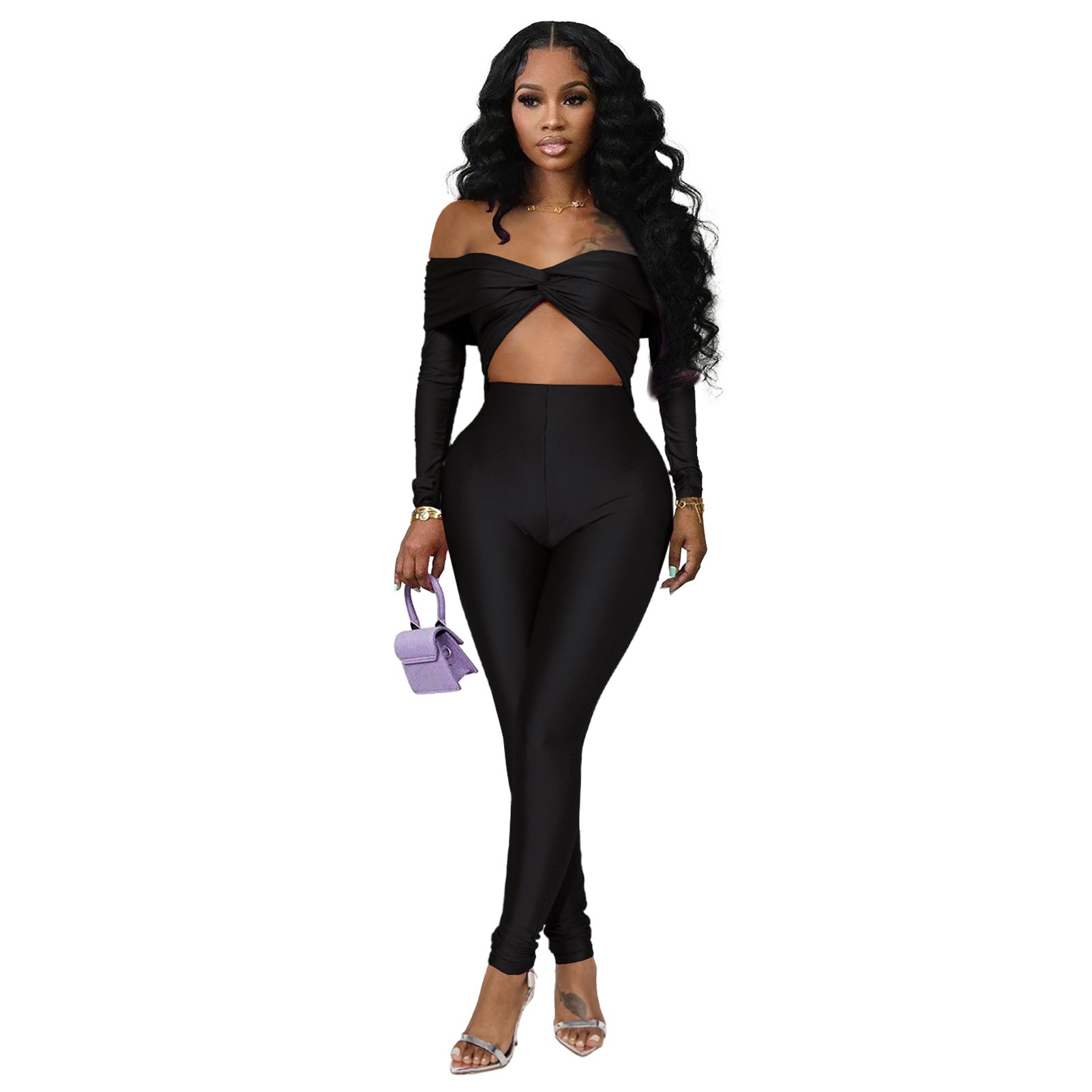 Women's off shoulder Knot Hollow Sexy High Waist Long Sleeve Jumpsuit 3