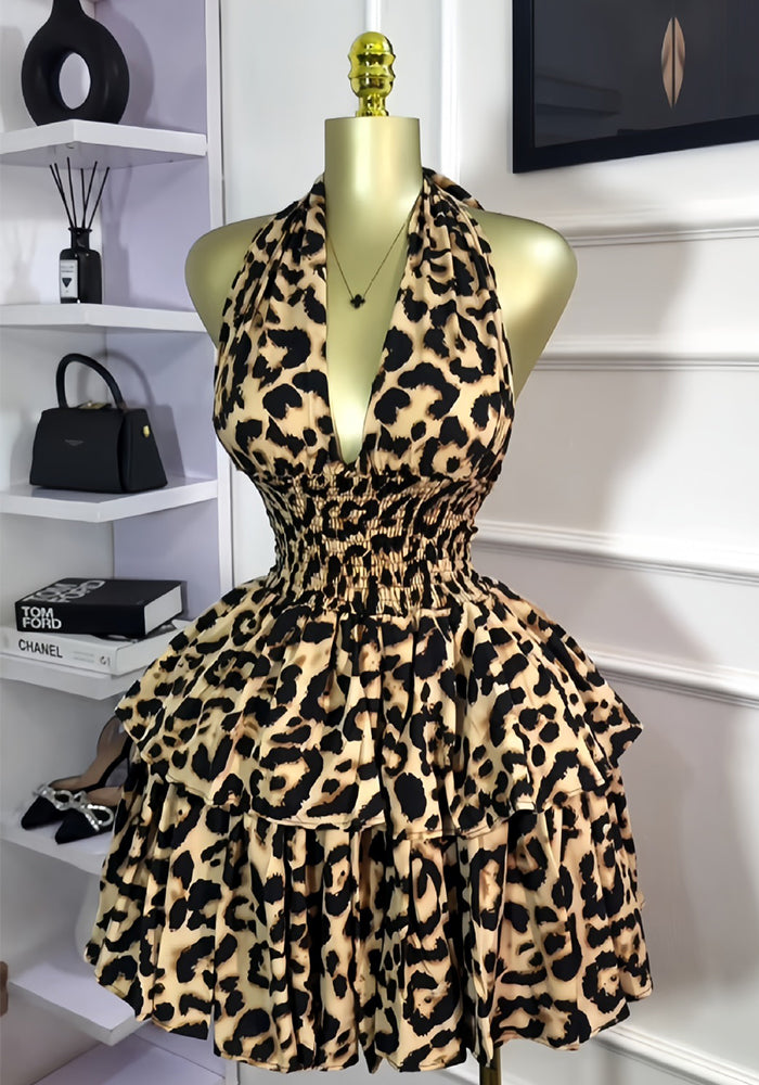 Women Summer Sleeveless Halter Neck Leopard Pleated Puffy Mini Dress