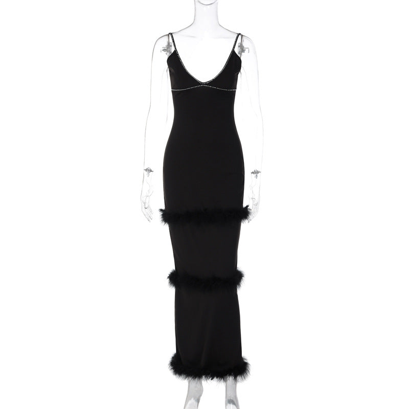 Autumn Women's Sexy Beaded Straps Slim Waist Low Back Furry Dress 15