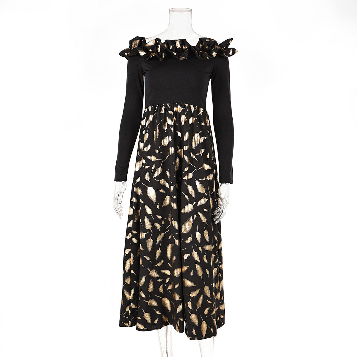 Women Sexy Off Shoulder Long Sleeve Shiny Feather Slit Dress 9