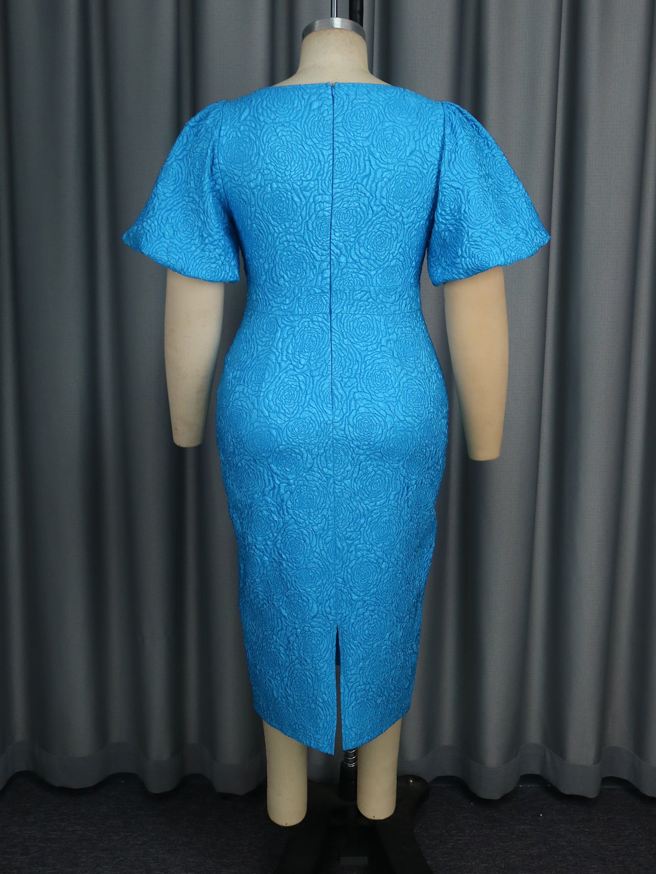 Plus Size Asymmetrical Puff Sleeve High Waist Jacquard Formal Dress 9