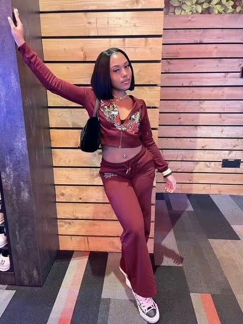 Fashionable street printed zipper short hoodies high waist straight trousers two piece set 15