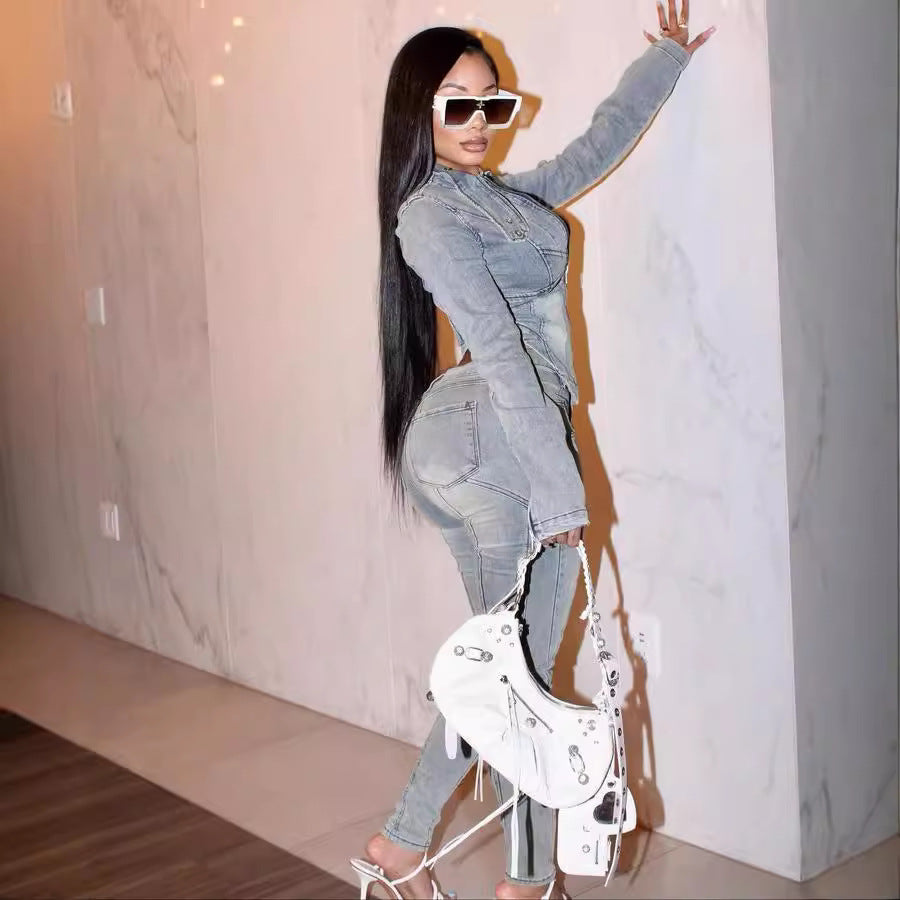 Autumn Long Sleeve Denim Suit Fashion Stretch Pants Suit 3