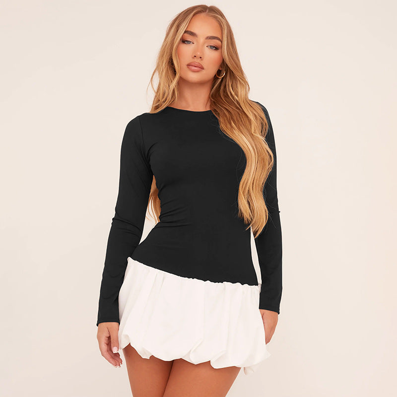 Autumn Chic Slim Contrast Long-Sleeved Bubble Short Dress 6