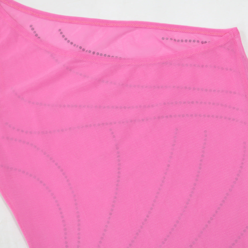 Sexy Solid Color Beaded Slash Shoulder Tassel Irregular Dress For Women 13