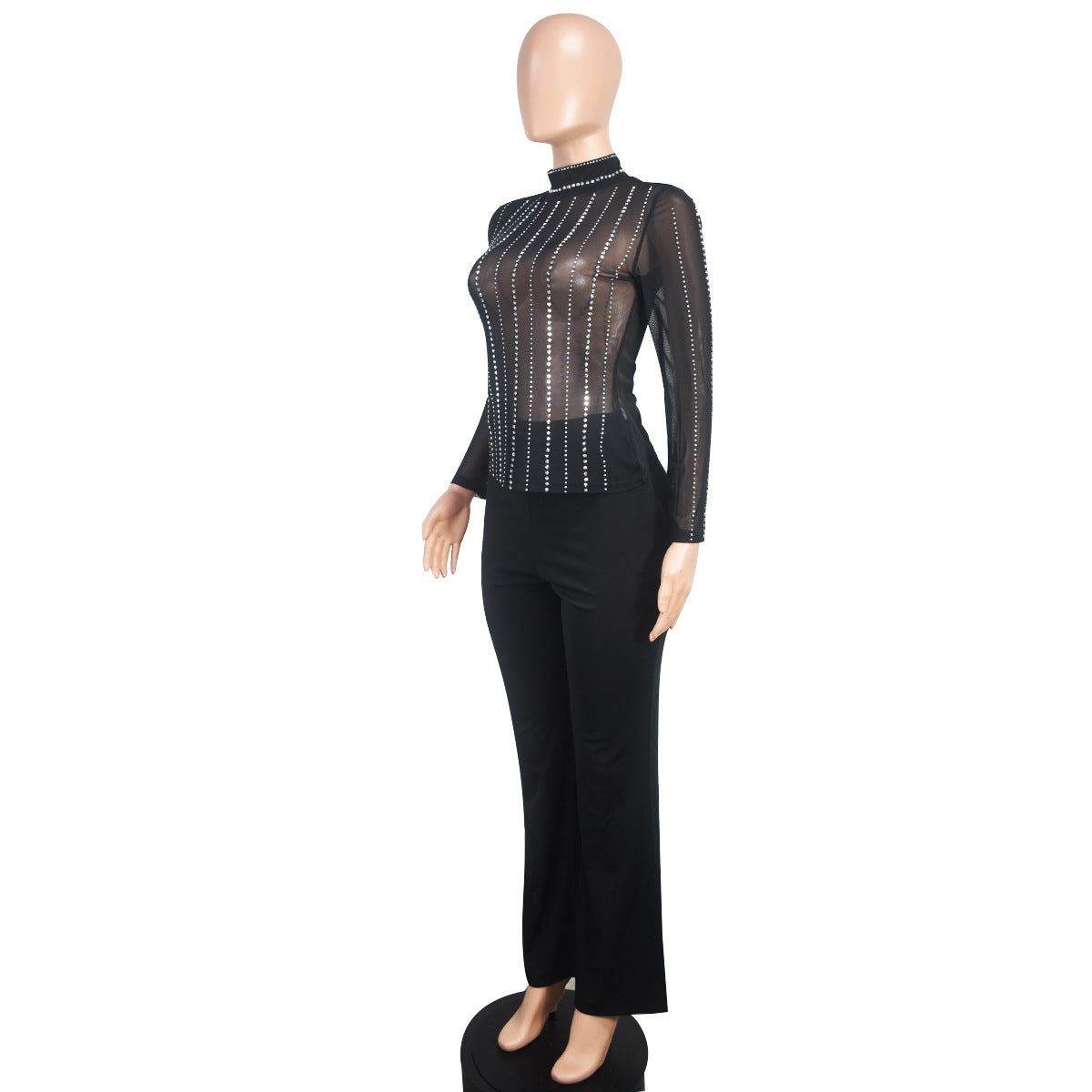 Black Transparent Mesh  Long-Sleeved Top Pants Sexy Nightclub Two-Piece Set 7