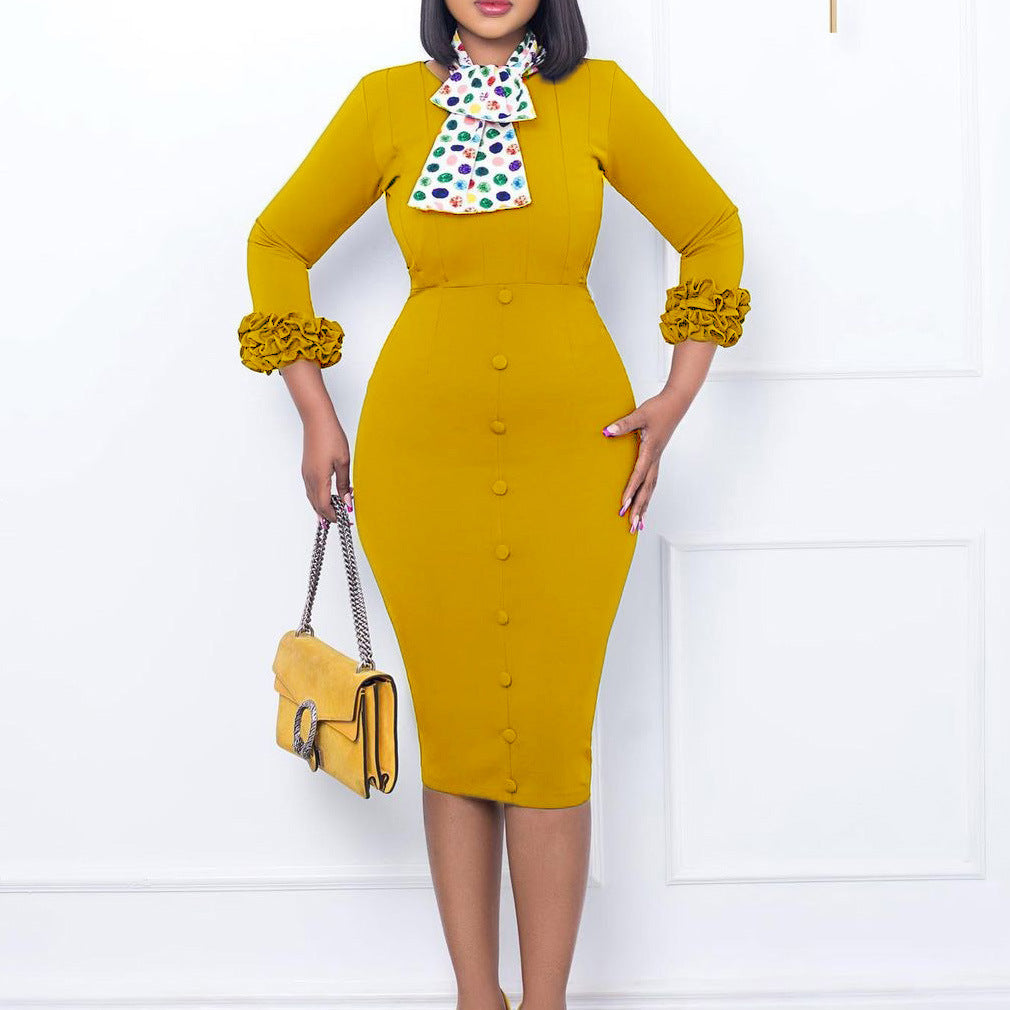 Women Fall Long Sleeve Solid Color Slit Scarf Bodycon Dress 4