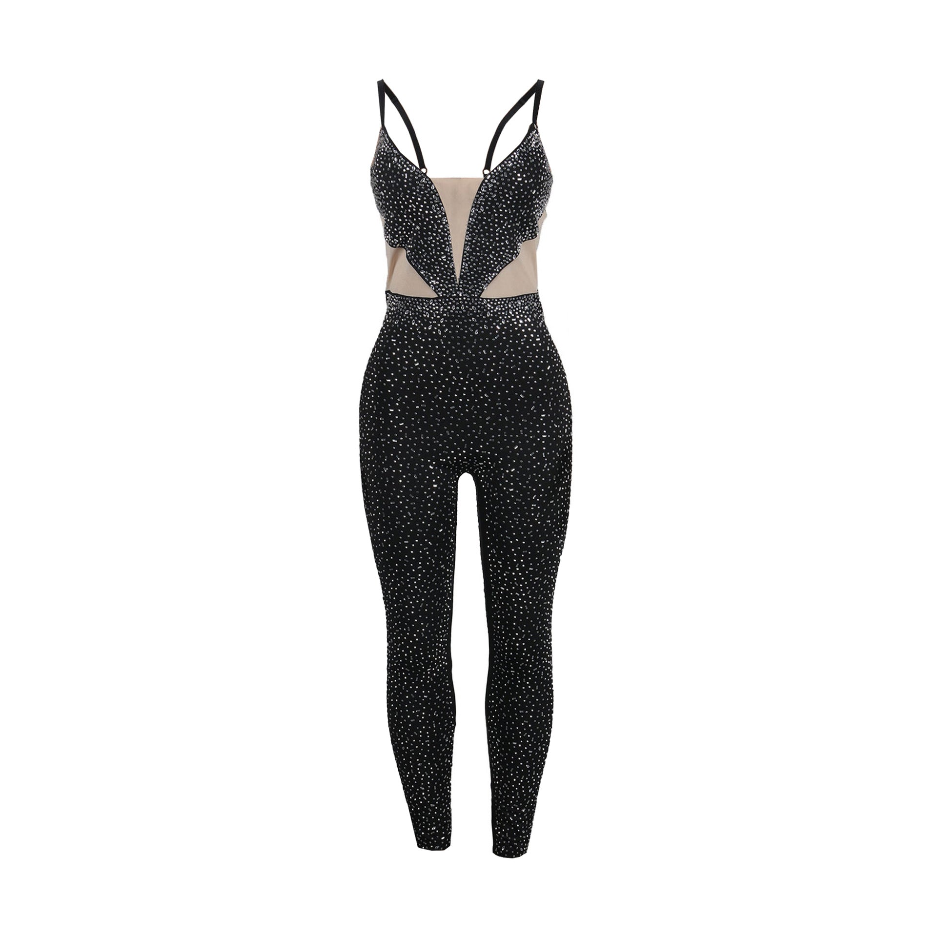 Women Beaded Stretch Suspender Bodycon Jumpsuit 12