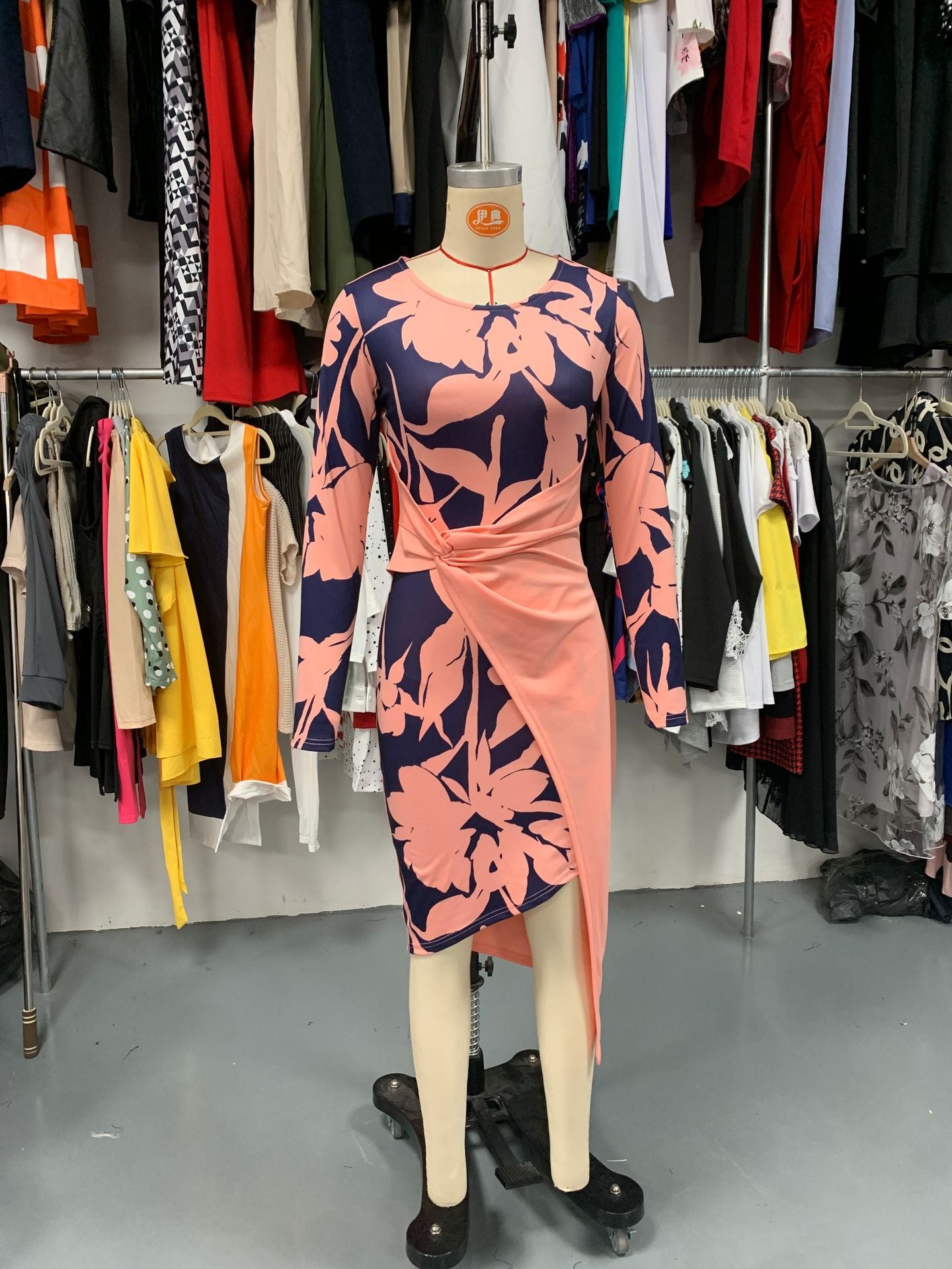 Women Pleated Long Sleeve Print Bodycon Dress 12