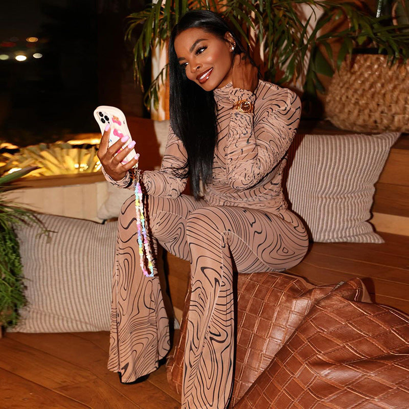 Women Style printed mesh half-high collar long-sleeved Top and trousers two-piece set 5