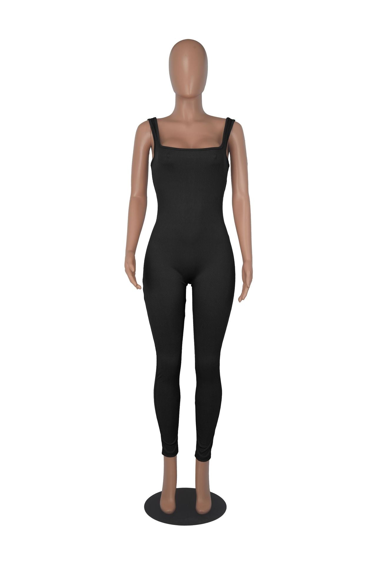 Women's Solid Color Sleeveless Straps Ribbed Square Neck Low Back Butt Lift Slim Sport Jumpsuit 24