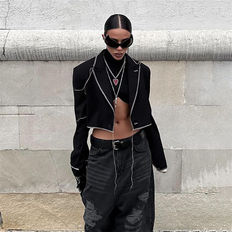 Fall Women's Fashionable Irregular Slim Fit Turndown Collar Jacket 3