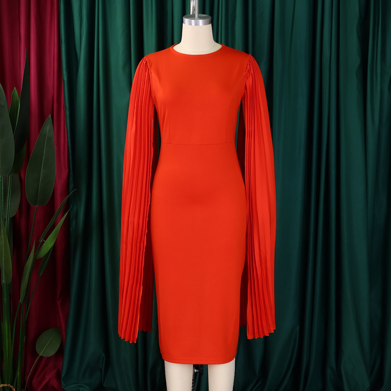 Women's Fashion Solid Color Round Neck Pleated Shawl Sleeve Formal Party Evening Dress 19