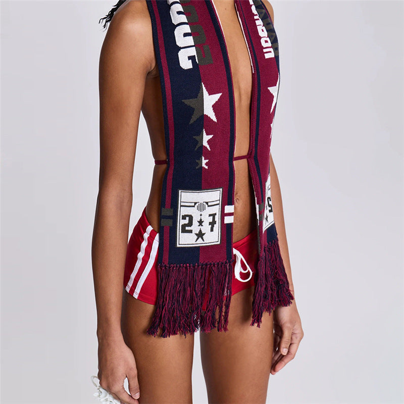 Summer Women Sexy Backless Strappy Tassel Printed Scarf Top 5