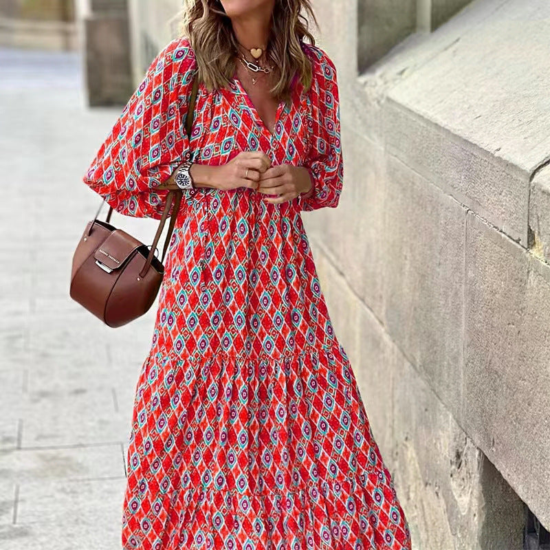 Women Summer Geometric Patch Puff Sleeve Dress 17