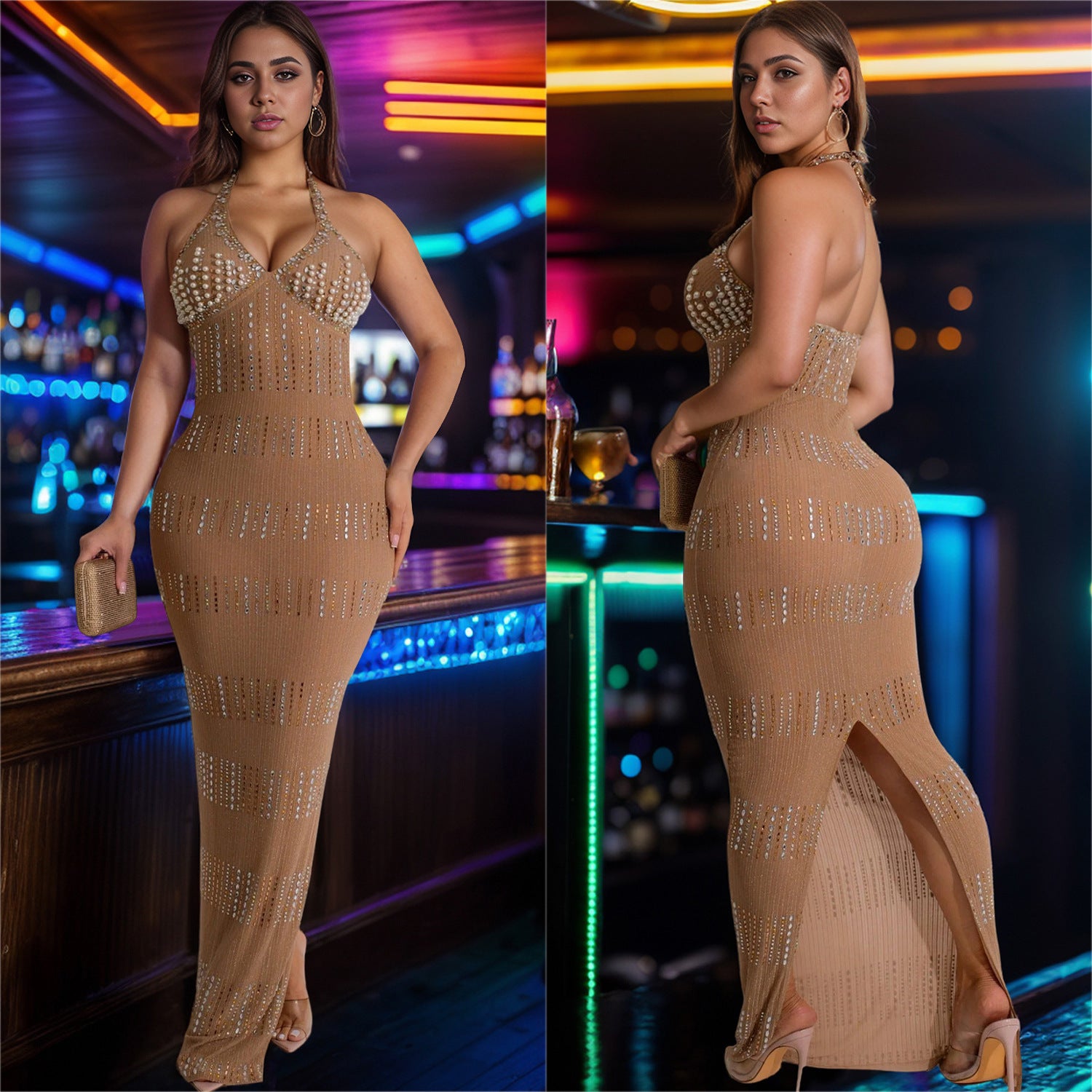 Women Lace Beaded V Neck Sleeveless Dress 4