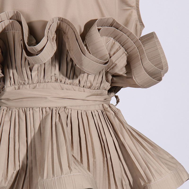 Spring Summer Fashionable Chic Khaki V-Neck Pleated Patchwork Sleeveless Lace-Up Women's Shirt 18