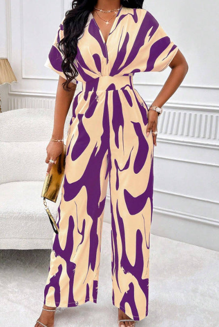 Women Print Bat Sleeves Wide Leg Jumpsuit 11