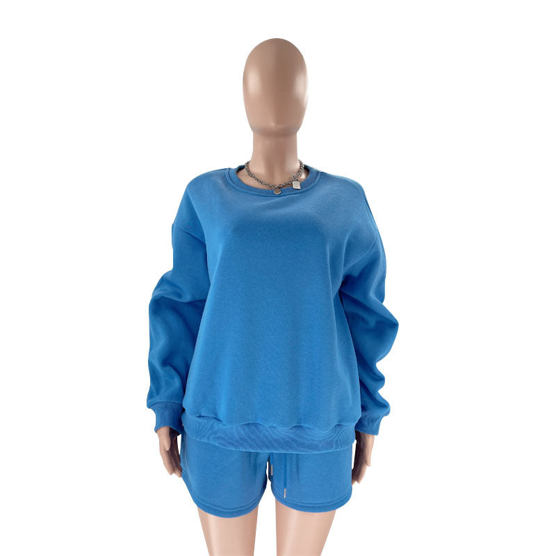 Fall Winter Solid Color Round Neck Pullover Long Sleeve Hoodies Women's Fashion Casual Shorts Two Piece Set 40