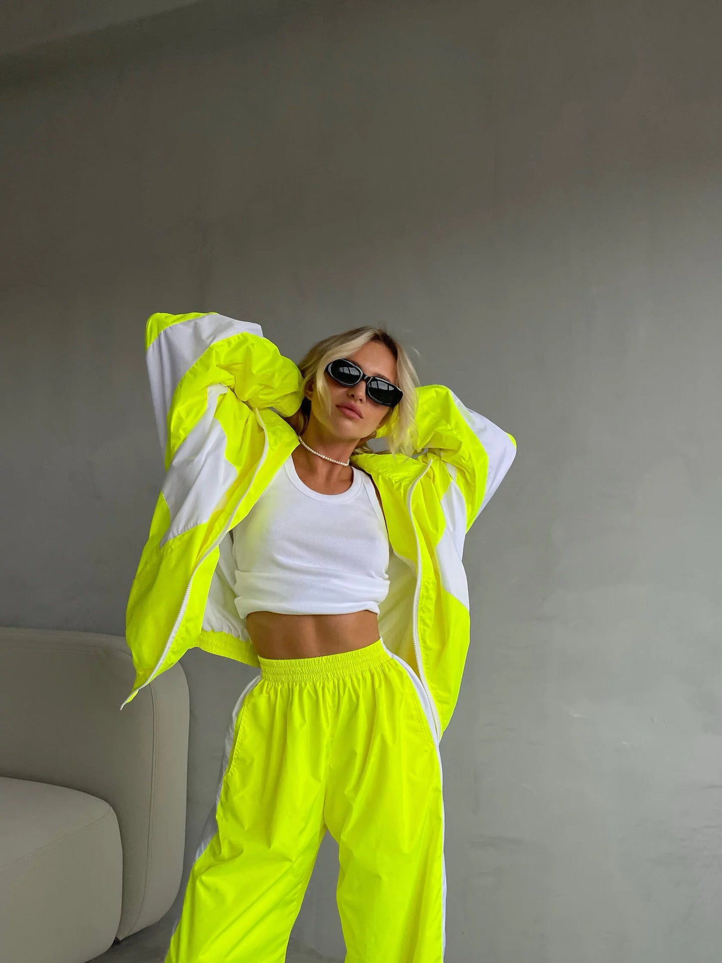 Women's Casual Fashion Loose Color Matching Long Sleeve Zipper Contrast Top and Trousers Sports Two Piece Set 8