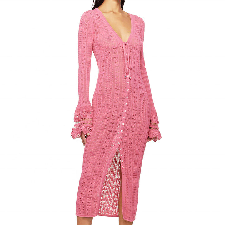 Women's V-Neck Bell-Bottom Sleeve Knitting Dress 3