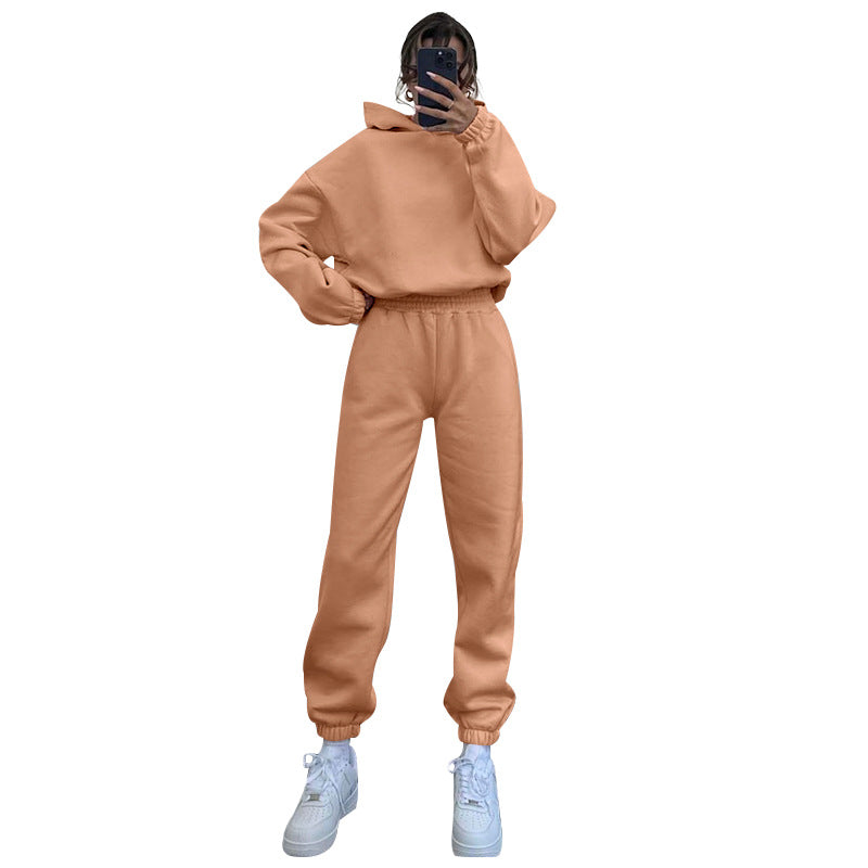 Women Solid Long Sleeve Hoodies and Casual Pants Two-piece Set 4
