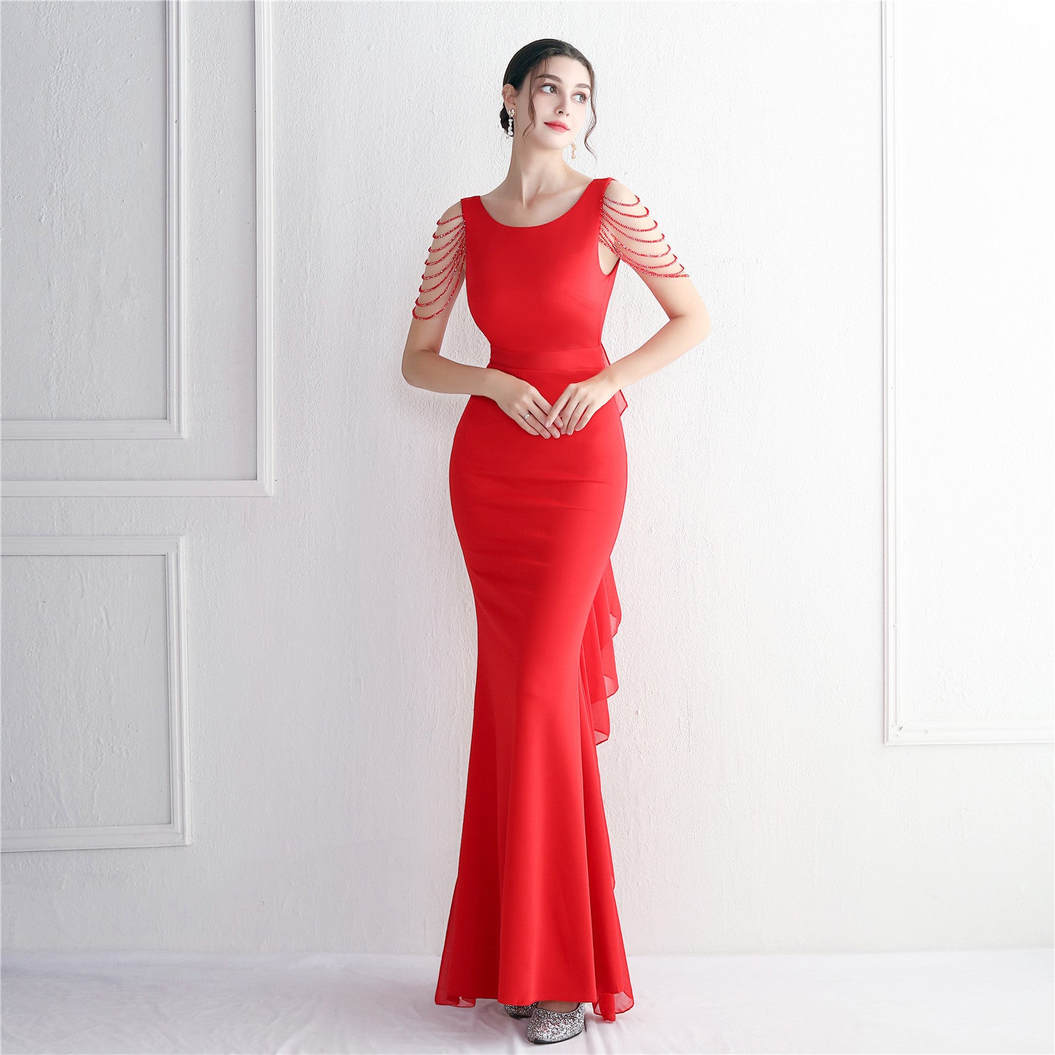 Chiffon Satin Beaded Long Formal Party Slim Evening Dress Chic Elegant Long Annual Meeting Host Dress 7