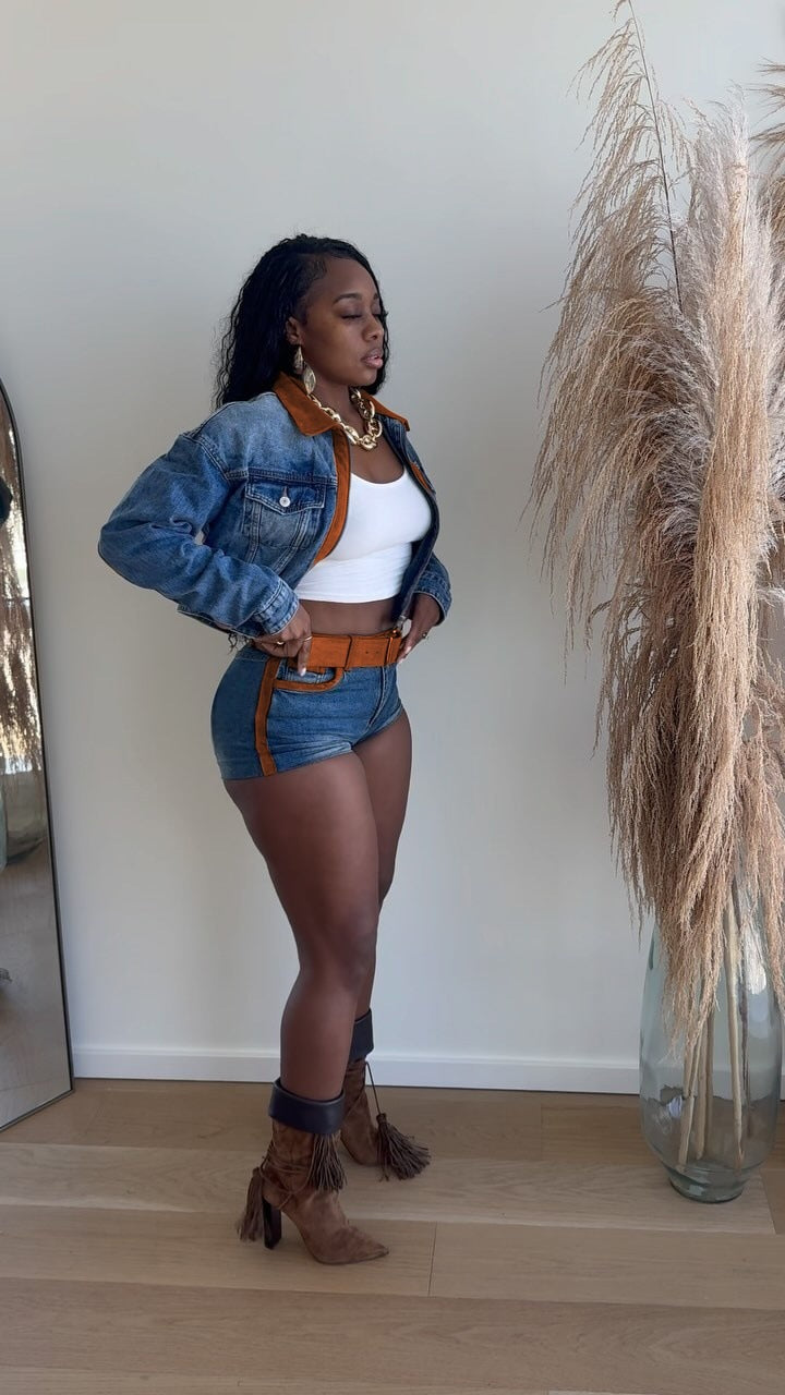 Color Block Patchwork Long Sleeve Stretch Denim Shorts Set 3