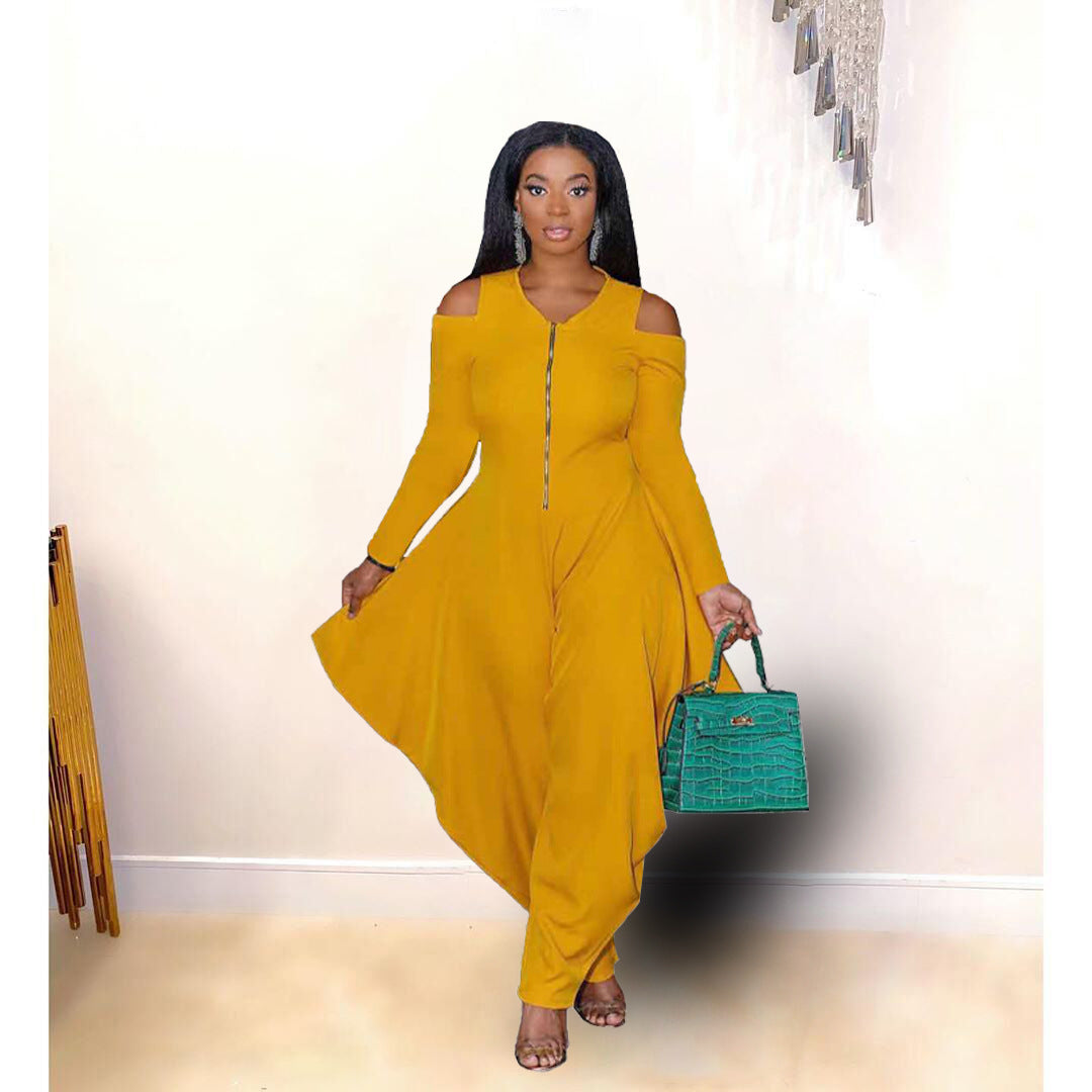 Women's Solid Color Cutout Long Sleeve Fashionable Loose Jumpsuit